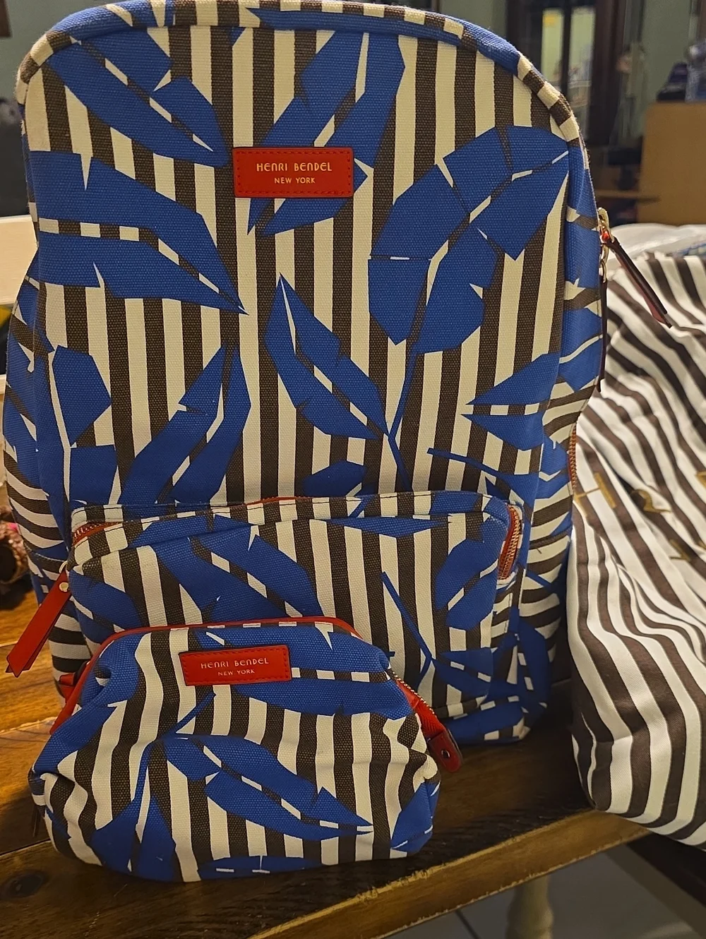Henri Bendel Blue and Black Striped Leaf Backpack,pouch And Dustbag